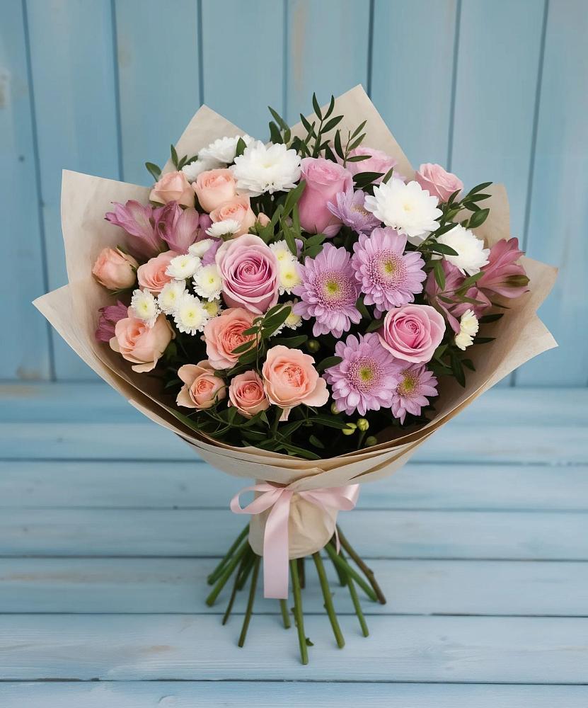 Букет цветов из: Хризантемы, Розы и Альстромерии в Турочак