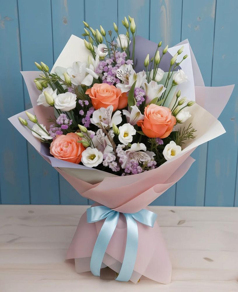 Букет цветов из: Лизиантусы, Розы, Альстромерии и Гипсофила в Турочак